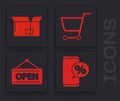 Set Percent discount and phone, Carton cardboard box, Shopping cart and Hanging sign with Open icon. Vector