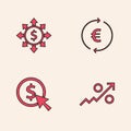 Set Percent up arrow, Dollar, share, network, Coin money with euro symbol and dollar icon. Vector Royalty Free Stock Photo