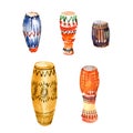 Set Of Percussion Music Instruments, African Drums, Djembe, Conga, With Traditional Ornaments