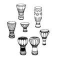 A set of percussion musical instruments, African drums, djembe, conga, darbuka Royalty Free Stock Photo