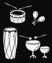 A set of percussion musical instruments. Collection of musical drums. Stylized musical instruments. Black and white