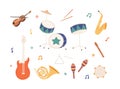 Set of percussion, wind, brass and stringed music instruments. Drums, sax, maracas, horn, electric guitar, fiddle Royalty Free Stock Photo