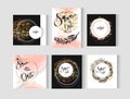 Set of perfect wedding abstract vector templates cards with golden, pastel,black and white colors. Ideal for Save The