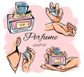 Set of perfume bottles vector illustration. Eau de parfum. Eau de Toilette. Perfume bottle in hand. Isolated objects. Royalty Free Stock Photo