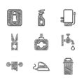 Set Perfume, Electric iron, Trash can, Water tap, Toilet paper roll, Clothes pin, boiler and Female toilet icon. Vector