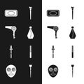 Set Perfume, Hair dryer, Bar of soap, Makeup brush, Pipette, Nail file, and Facial cosmetic mask icon. Vector