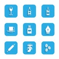 Set Perfume, Roman army helmet, Coffee beans, Pope hat, Rolling pin, cup, Bottle wine and Wine glass icon. Vector