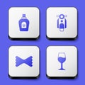 Set Perfume, Scooter, Macaroni and Wine glass icon. White square button. Vector