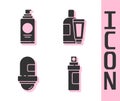 Set Perfume, Spray can for hairspray, Antiperspirant deodorant roll and Cream or lotion cosmetic tube icon. Vector Royalty Free Stock Photo