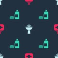 Set Perfume, Washbasin with water tap and Bottle of shampoo on seamless pattern. Vector Royalty Free Stock Photo