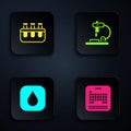 Set Periodic table, Test tube and flask, Water drop and Microscope. Black square button. Vector