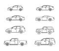 Set of personal cars. Set of automobiles in flat style. Sedan, sport coupe car, hatchback, offroad suv, pickup. Side view. Royalty Free Stock Photo