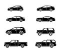 Set of personal cars. Set of automobiles in flat style. Sedan, sport coupe car, hatchback, offroad suv, pickup. Side view. Royalty Free Stock Photo