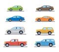 Set of personal cars. Set of automobiles in flat style. Sedan, sport coupe car, hatchback, offroad suv, pickup. Side view. Royalty Free Stock Photo