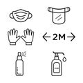 Set of Personal protection equipment icon masks medical face shields medical gloves keep a distance hand sanitizer spray liquid Royalty Free Stock Photo