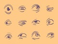 Set of persons eyes express various human feelings. Sad, unhappy, angry, terrified and fear emotions, different