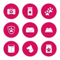 Set Pet bed, Cat, Bag of food for pet, bowl, Canned, Animal health insurance, Paw print and first aid kit icon. Vector Royalty Free Stock Photo