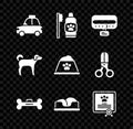 Set Pet car taxi, Dental hygiene for pets, Collar with name tag, Dog bone, bed, Certificate dog cat, and food bowl icon