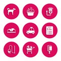 Set Pet car taxi, stroller, Hair brush for dog and cat, Grooming salon price list, toy, bed, clipper pet and Dog icon Royalty Free Stock Photo