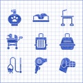 Set Pet carry case, Hair dryer, Dog in muzzle, cat toy, stroller, grooming table and shampoo icon. Vector Royalty Free Stock Photo