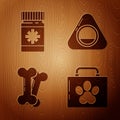 Set Pet first aid kit, Dog medicine bottle and pills, Dog bone and Pet bed on wooden background. Vector