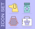 Set Pet first aid kit, Dog, Pet carry case and Dog medicine bottle and pills icon. Vector