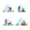 Set Pet owners template.Happy people playing with their domestic animals scenes set.People and Pets at Home and Outdoors