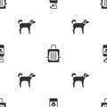 Set Pet shampoo, carry case and Dog on seamless pattern. Vector