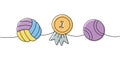 Set of pet supplies. Dog ball toy, first place medal, tennis ball, pet toy continuous one line illustration. Vector