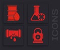 Set Petrol or Gas station, Barrel oil, Antifreeze test tube and Broken metal pipe with leaking water icon. Vector