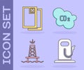 Set Petrol or gas station, Barrel oil, Oil rig with fire and CO2 emissions in cloud icon. Vector Royalty Free Stock Photo