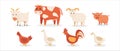 Set of pets,farm animals and birds.Farm cattle and poultry. Cow, chicken and ram. Vector. Isolated on white background Royalty Free Stock Photo