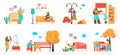 Set of pets owners with animals flat cartoon vector illustration isolated.