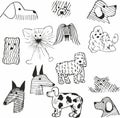 Set of pets. Vector art line style. Collection cat and dogs. Simple design of animals isolated on white background. Flat logo of Royalty Free Stock Photo
