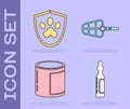 Set Pets vial medical, Animal health insurance, Canned food and Dog muzzle icon. Vector