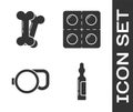 Set Pets vial medical, Dog bone, Retractable cord leash and Dog and pills icon. Vector Royalty Free Stock Photo