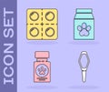 Set Pets vial medical, Dog and pills, Dog medicine bottle and pills and Bag of food for pet icon. Vector Royalty Free Stock Photo