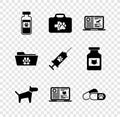 Set Pets vial medical, first aid kit, Clinical record dog on laptop, Dog, cat and and pills icon. Vector Royalty Free Stock Photo