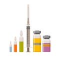 Set of pharmacy icons. Flasks and bottles with vaccine and syringe for injection. Vector illustration. Royalty Free Stock Photo