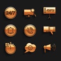 Set Phone call, Speech bubble with angry smile, Megaphone, Dislike, Stopwatch, Button chat notification, Information and