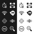 Set Phone with 5G network, Wi-Fi wireless, Digital speed meter, Processor, Search and icon. Vector