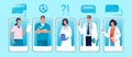 Set of phones with male and female characters of doctors on the screen. Concept of online clinic, call and video Royalty Free Stock Photo