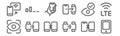 Set of 12 phones and mobiles icons. outline thin line icons such as smartphone, connection, connection, eye scanner, smartphone