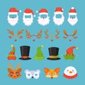 Set of Photo Booth Christmas Masks Santa Claus, Reindeer, Snowman, Fox and Elves Hats. Masquerade Decor for Party Royalty Free Stock Photo