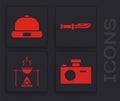 Set Photo camera, Beanie hat, Camping knife and Campfire and pot icon