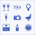 Set Photo camera, Burning candle, Clock, Dove, Greeting card, Glass of champagne, Female gender symbol and icon. Vector