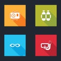 Set Photo camera for diver, Aqualung, Glasses swimming and Diving mask with snorkel icon. Vector