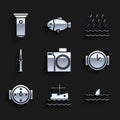 Set Photo camera for diver, Fishing boat on water, Shark fin ocean wave, Diving watch, Wind rose, Army knife, Rain and