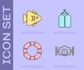 Set Photo camera, Fish, Lifebuoy and Aqualung icon. Vector