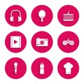 Set Photo camera, Fitness shaker, Chef hat, Gamepad, Microphone, Play Video, Cake and Headphones icon. Vector